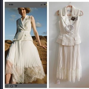 Self Portrait Tailored Crepe And Chiffon Midi Pleated Dress Ivory Cream US 2 XS